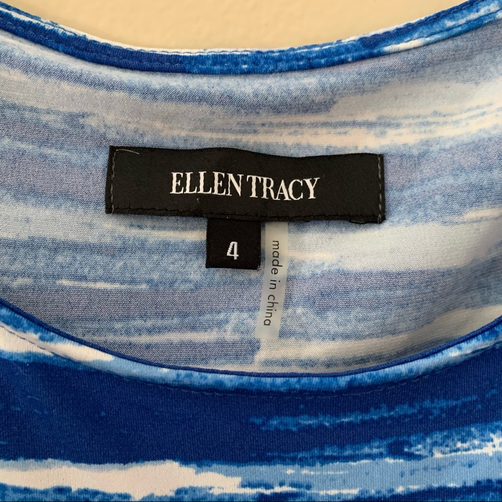 Ellen Tracy Dress Blue Watercolor Stretchy Sleeveless MIDI Modest Sleeveless 4 - Picture 6 of 7